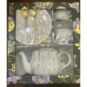 Grace Teaware Fine Porcelain 7 Piece Set~Purple gold Print~ New In Box~